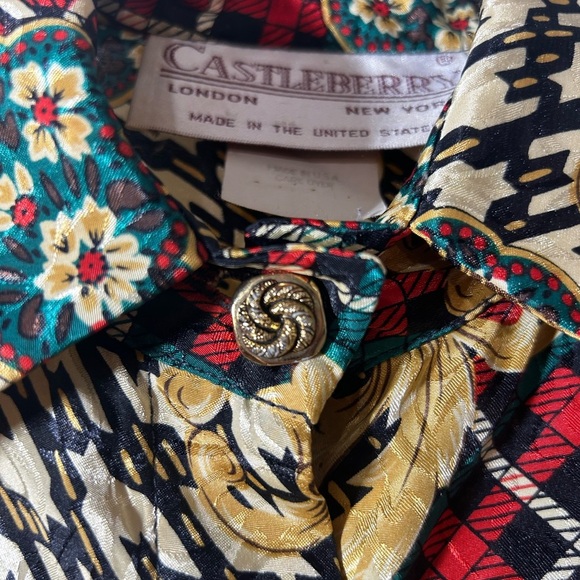 Vintage Castleberry Plaid And Gold Womens V-Neck Blouse Long Sleeve USA Size 12 - Picture 3 of 12